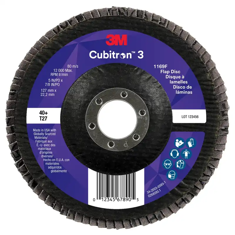 Cubitron 7100380493 3 Flap Disc 1169F, 40+, T27-Flat, 5 in x 7/8 in, 10 ea/Case