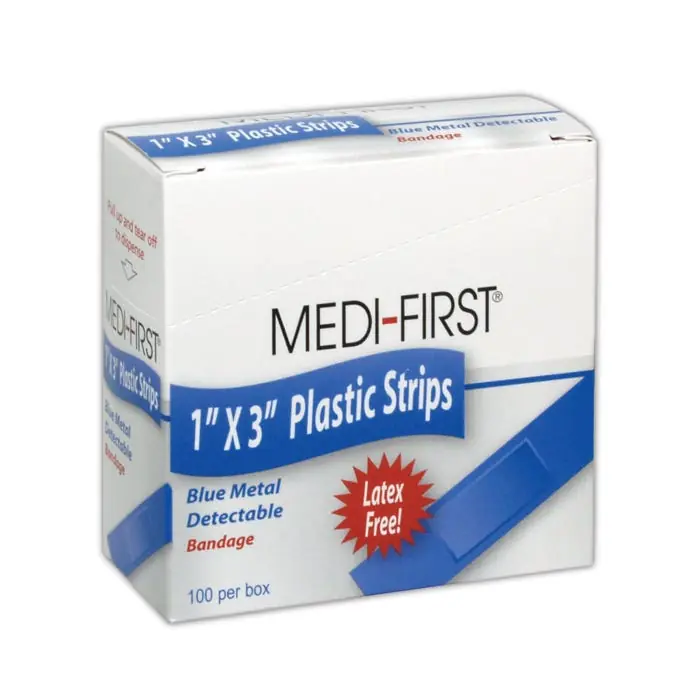 Medi-First 67133 1 inches x 3 inches Blue Plastic Adhesive Strip Bandage - 100/Box