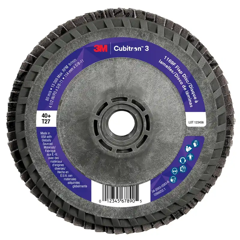 Cubitron 7100380178 3 Flap Disc 1169F, 40+, T27-Flat Quick Change, 4-1/2 in x 5/8 in-11, 10 ea/Case