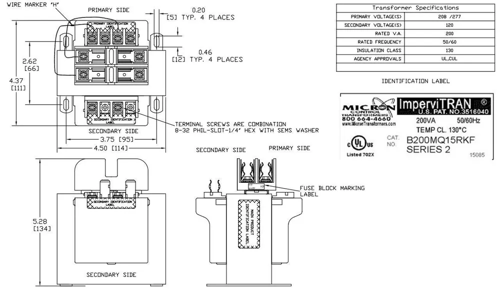 Micron B200MQ15RKF Transformer 200VA
