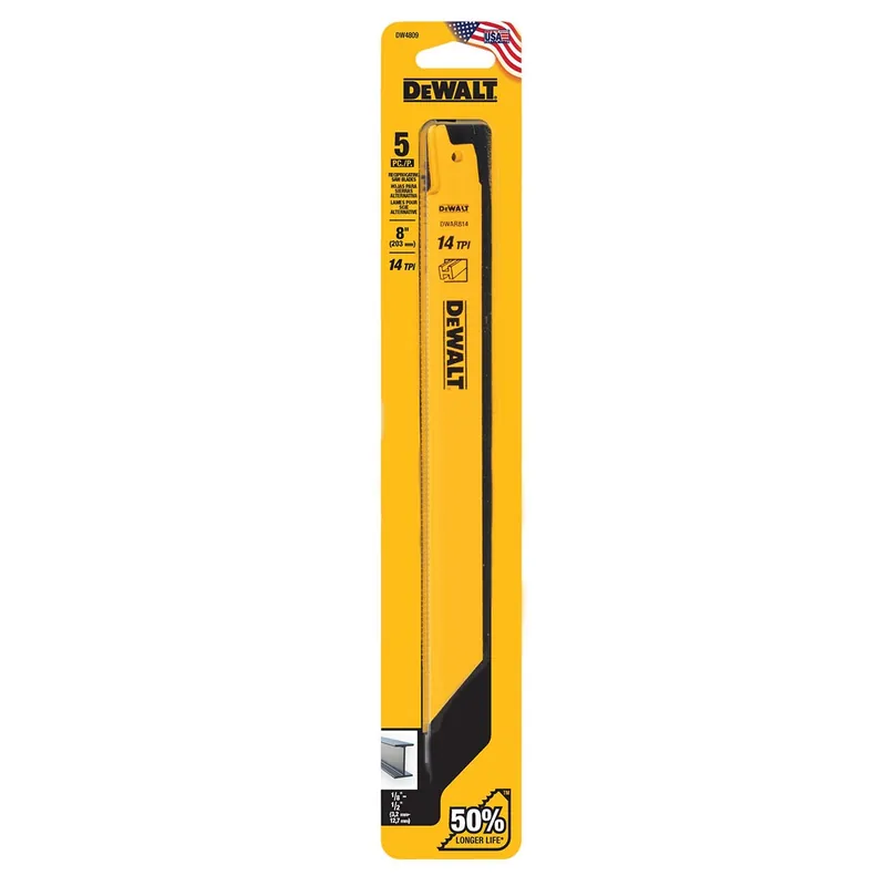 Dewalt DW4809 Recip Blades 8 inches 14TPI Straight Back Bi-Metal Reciprocating Saw Blade (5 Pack)