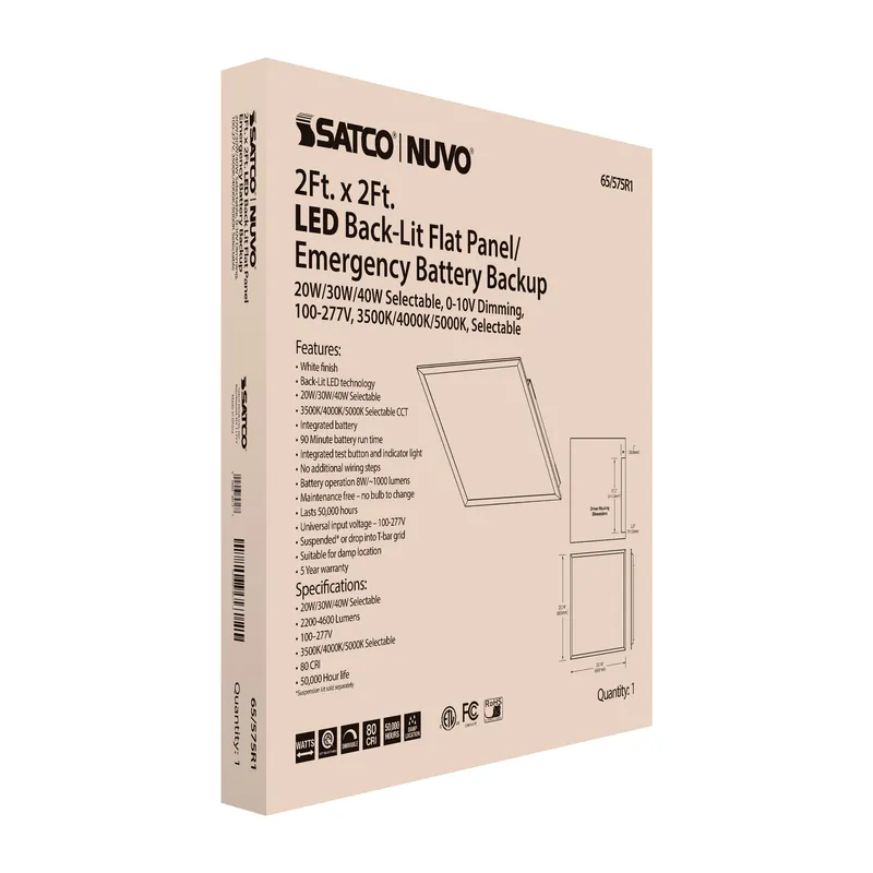 Satco 65/575R1 2x2 LED EM Backlit Flat Panel 20W/30W/40W