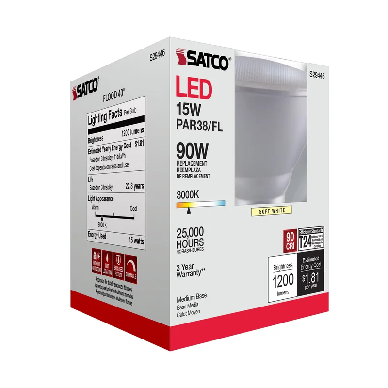 Satco-Nuvo S29446 15 Watt PAR38 LED Lamp - 3000K - 40 Degree Beam Angle - Medium Base - 120 Volts