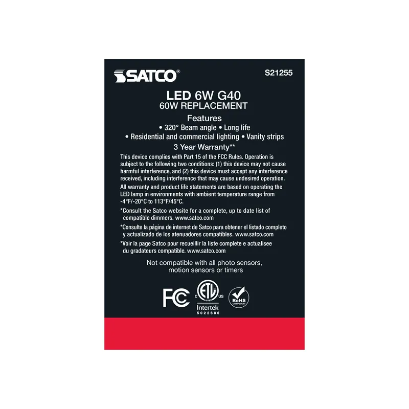 Satco-Nuvo S21255 6G40/WH/LED/E26/927/120V 6 Watt