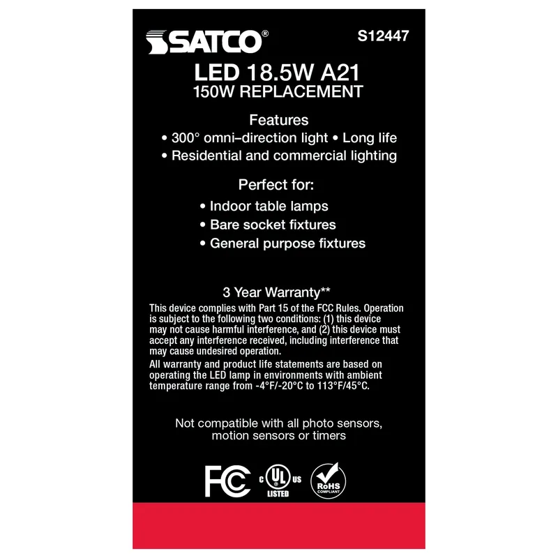 Satco-Nuvo S12447 18.5a21/fr/led/e26/830/120v 18.5W