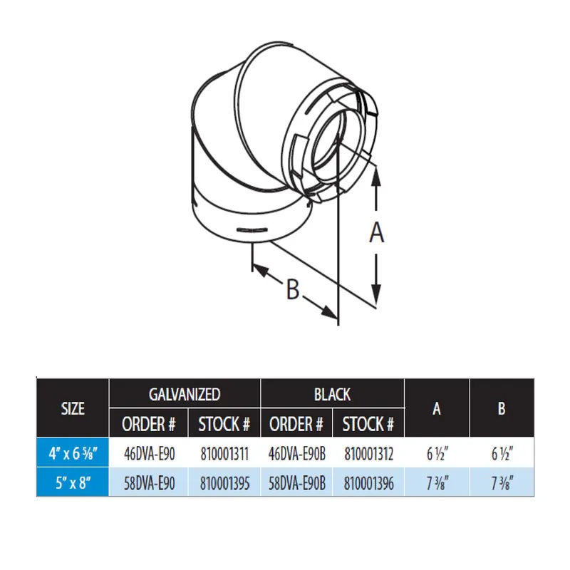 Duravent 58DVA-E90B DirectVent Pro 90 Degree Elbow 5 x 8 Inner Diameter