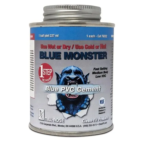 Clean-Fit 76032 Blue Monster PVC Cement 1/2 Pint, 6 inches and 8 inches Diameter