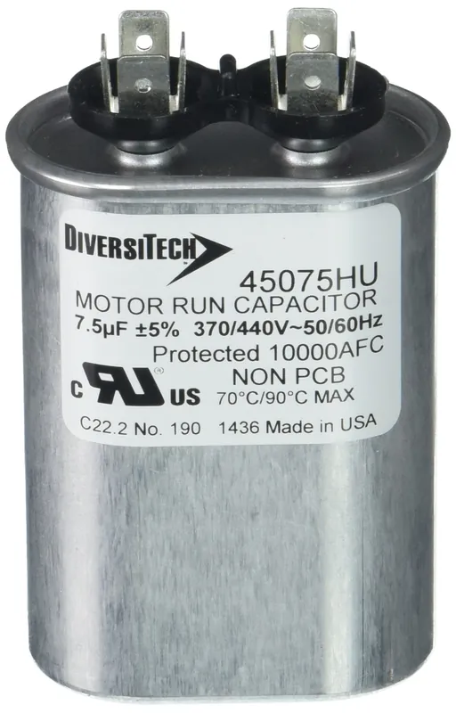 Diversitech 45075HU Motor Run Capacitor 370/440 VAC Oval 7.5µF