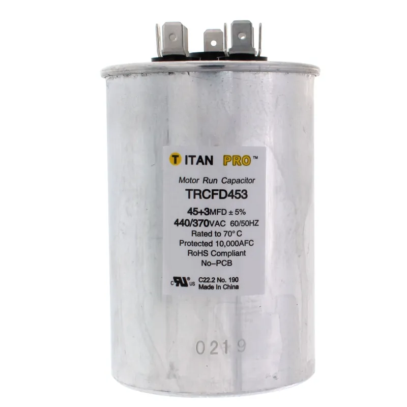 Titan Pro TRCFD453 Round Motor Dual Run Capacitor 45/3 Microfarad Rating 370-440VAC Voltage