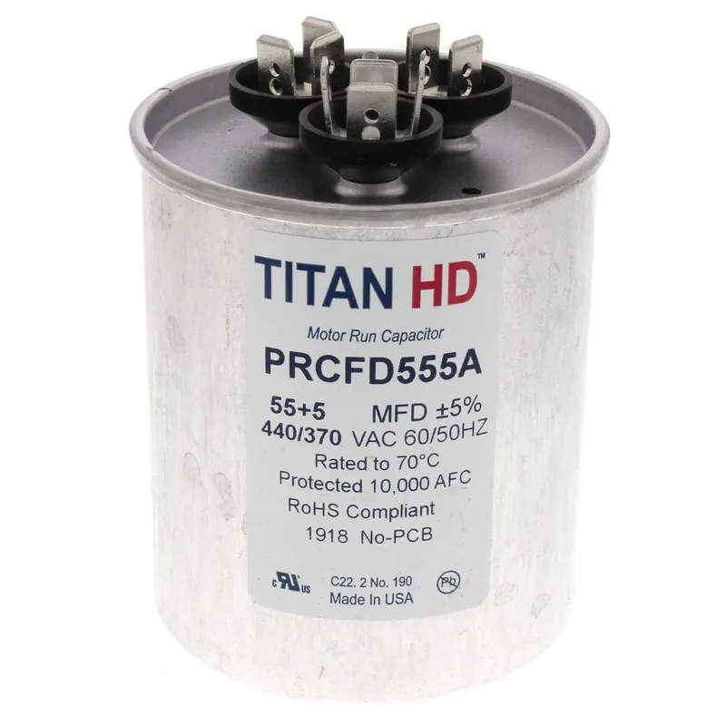 Titan Hd PRCFD555A motor dual run cap, 55/5 mfd, 440v, round