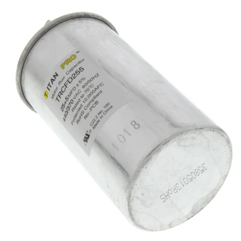 Titan Pro TRCFD255 Round Motor Dual Run Capacitor 25/5 Microfarad Rating 370-440VAC Voltage