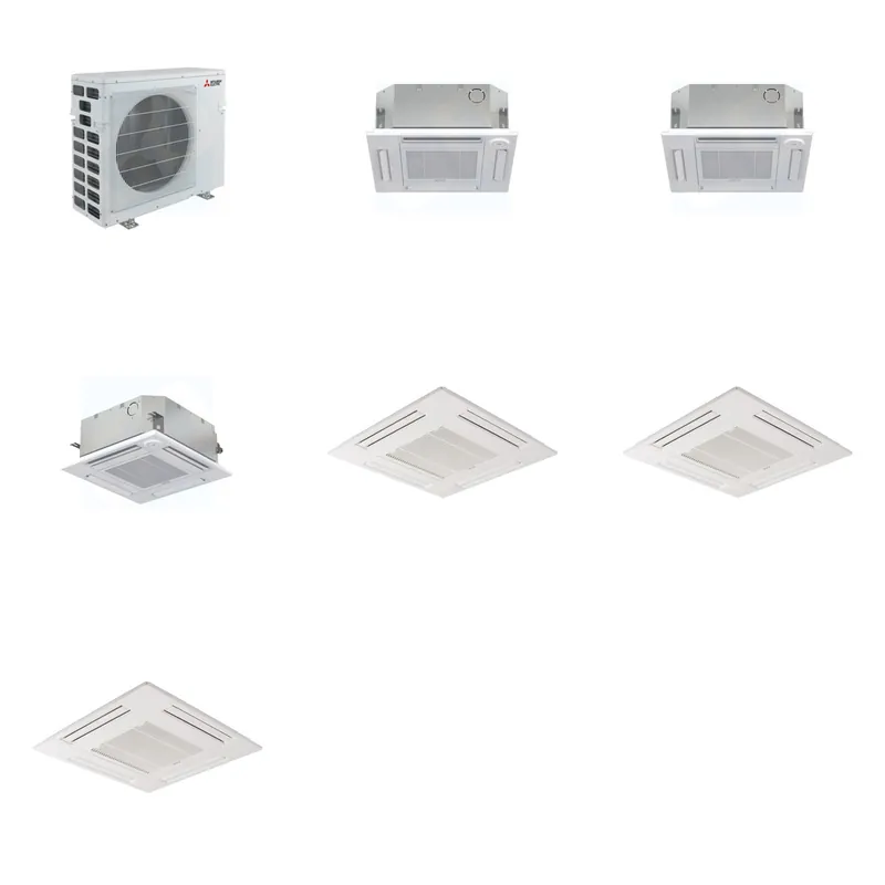 Mitsubishi Multi-Zone 40500 BTU R-454B 20 SEER2 3-Zone 2'x2' Ceiling Cassette Mini Split Heat Pump System - 12K+12K+15K
