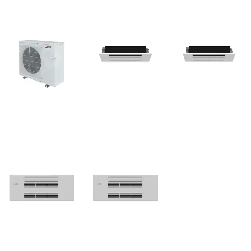 Mitsubishi Multi-Zone 28600 BTU R-454B 20 SEER2 2-Zone 1-Way Ceiling Cassette Mini Split Heat Pump System - 6K+6K