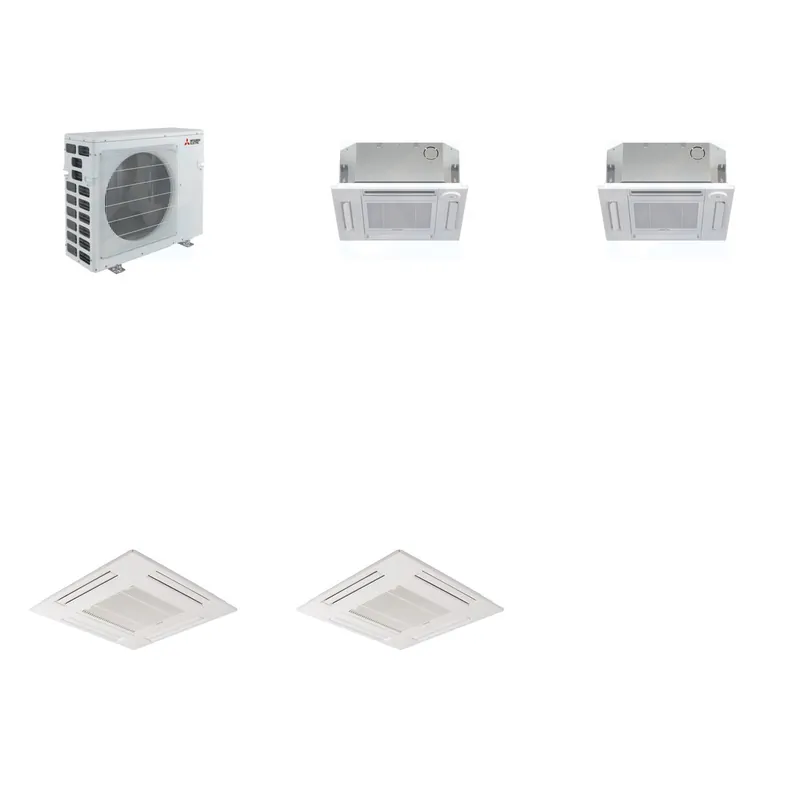 Mitsubishi Multi-Zone 20000 BTU R-454B 20 SEER2 2-Zone 2'x2' Ceiling Cassette Mini Split Heat Pump System - 12K+12K