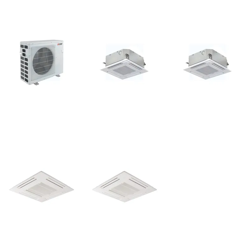 Mitsubishi Multi-Zone 20000 BTU R-454B 20 SEER2 2-Zone 2'x2' Ceiling Cassette Mini Split Heat Pump System - 9K+9K