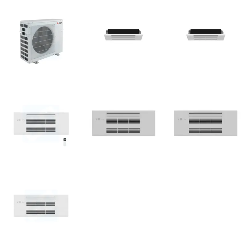 Mitsubishi Multi-Zone 40500 BTU R-454B 20 SEER2 3-Zone 1-Way Ceiling Cassette Mini Split Heat Pump System - 6K+6K+9K