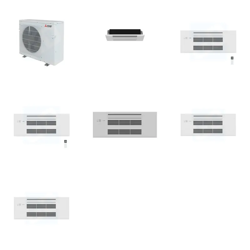 Mitsubishi Multi-Zone 28600 BTU R-454B 20 SEER2 3-Zone 1-Way Ceiling Cassette Mini Split Heat Pump System - 6K+9K+9K