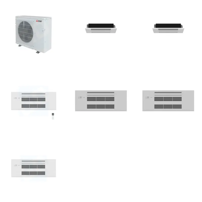 Mitsubishi Multi-Zone 28600 BTU R-454B 20 SEER2 3-Zone 1-Way Ceiling Cassette Mini Split Heat Pump System - 6K+6K+9K