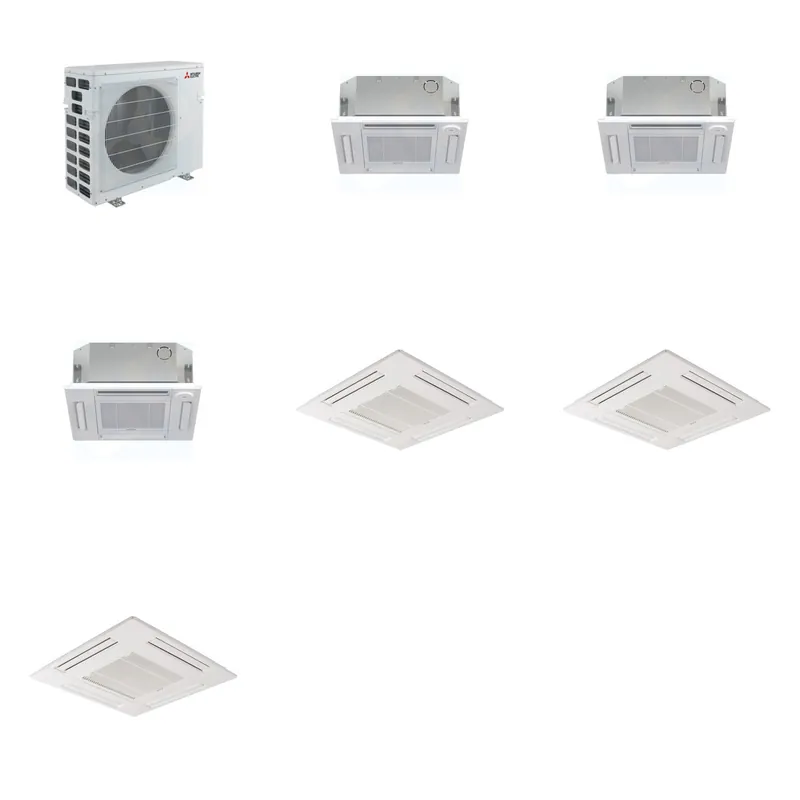 Mitsubishi Multi-Zone 40500 BTU R-454B 20 SEER2 3-Zone 2'x2' Ceiling Cassette Mini Split Heat Pump System - 12K+12K+12K