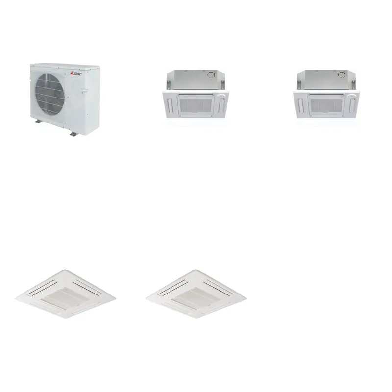 Mitsubishi Multi-Zone 28600 BTU R-454B 20 SEER2 2-Zone 2'x2' Ceiling Cassette Mini Split Heat Pump System - 12K+12K