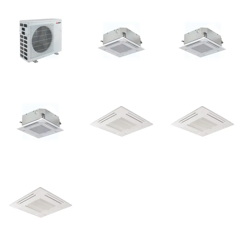 Mitsubishi Multi-Zone 40500 BTU R-454B 20 SEER2 3-Zone 2'x2' Ceiling Cassette Mini Split Heat Pump System - 9K+15K+15K
