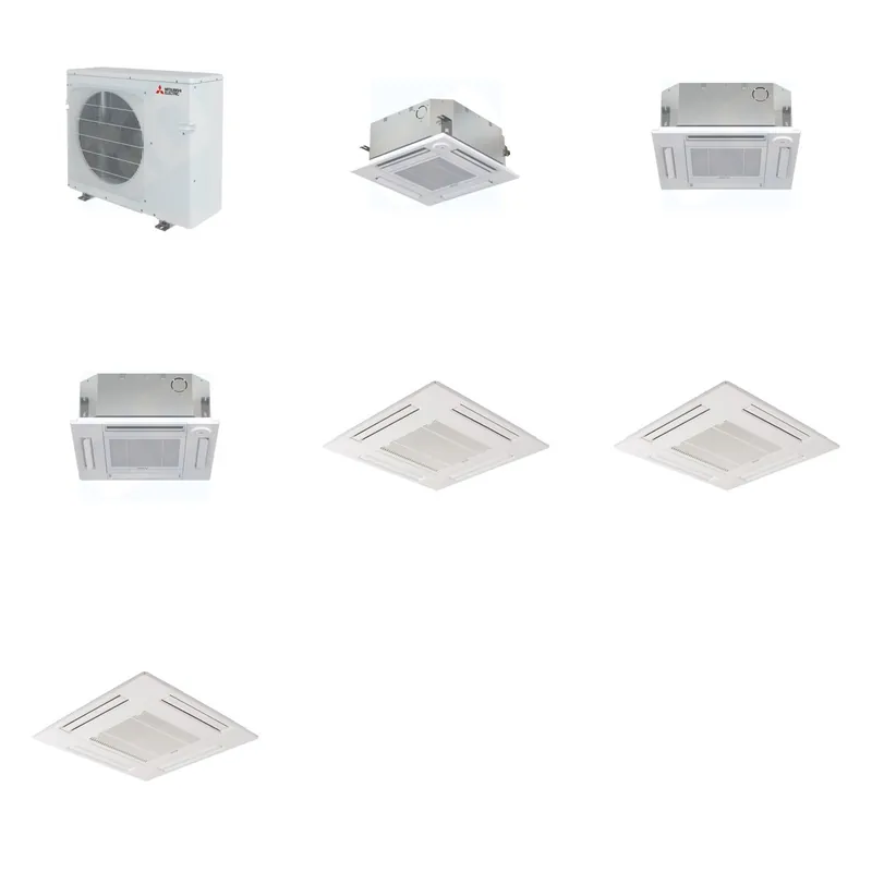 Mitsubishi Multi-Zone 36400 BTU R-454B 20 SEER2 3-Zone 2'x2' Ceiling Cassette Mini Split Heat Pump System - 9K+12K+12K