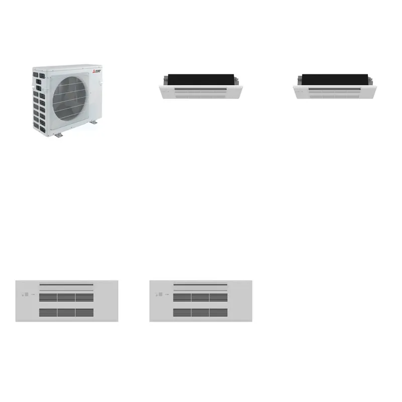 Mitsubishi Multi-Zone 20000 BTU R-454B 20 SEER2 2-Zone 1-Way Ceiling Cassette Mini Split Heat Pump System - 6K+6K