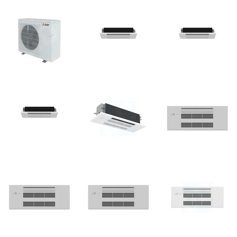 Mitsubishi Multi-Zone 28600 BTU R-454B 20 SEER2 4-Zone 1-Way Ceiling Cassette Mini Split Heat Pump System - 6K+6K+6K+18K