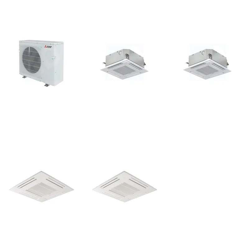 Mitsubishi Multi-Zone 28600 BTU R-454B 20 SEER2 2-Zone 2'x2' Ceiling Cassette Mini Split Heat Pump System - 9K+9K