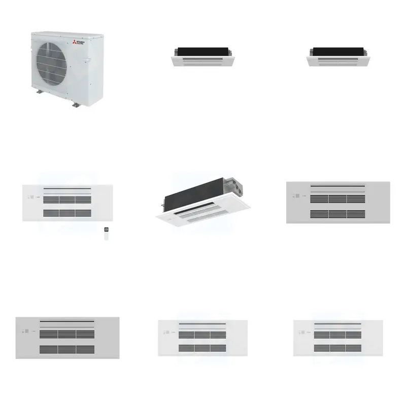 Mitsubishi Multi-Zone 28600 BTU R-454B 20 SEER2 4-Zone 1-Way Ceiling Cassette Mini Split Heat Pump System - 6K+6K+9K+12K