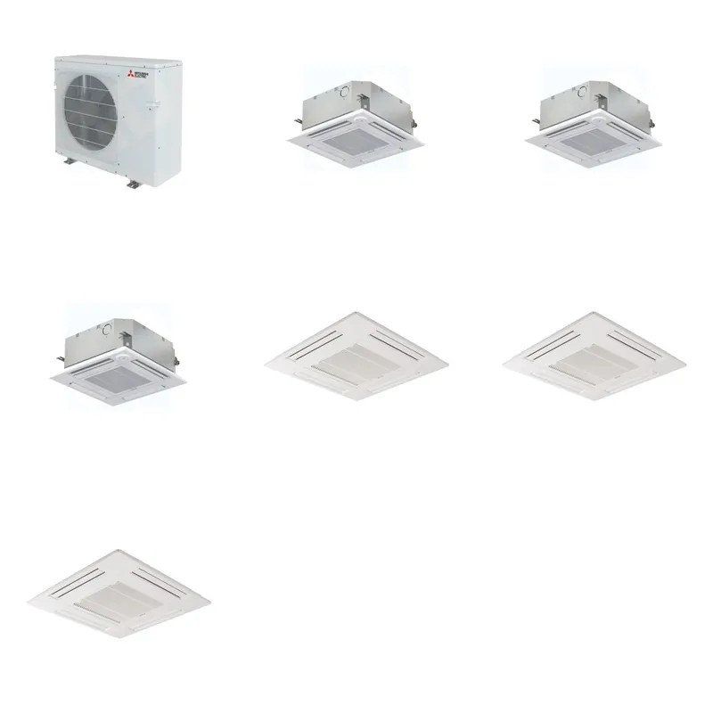 Mitsubishi Multi-Zone 28600 BTU R-454B 20 SEER2 3-Zone 2'x2' Ceiling Cassette Mini Split Heat Pump System - 9K+9K+9K
