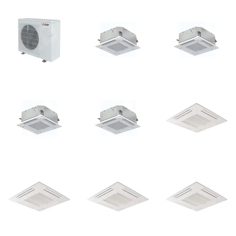 Mitsubishi Multi-Zone 28600 BTU R-454B 20 SEER2 4-Zone 2'x2' Ceiling Cassette Mini Split Heat Pump System - 9K+9K+9K+9K