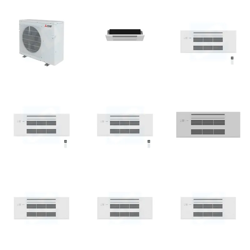 Mitsubishi Multi-Zone 28600 BTU R-454B 20 SEER2 4-Zone 1-Way Ceiling Cassette Mini Split Heat Pump System - 6K+9K+9K+9K