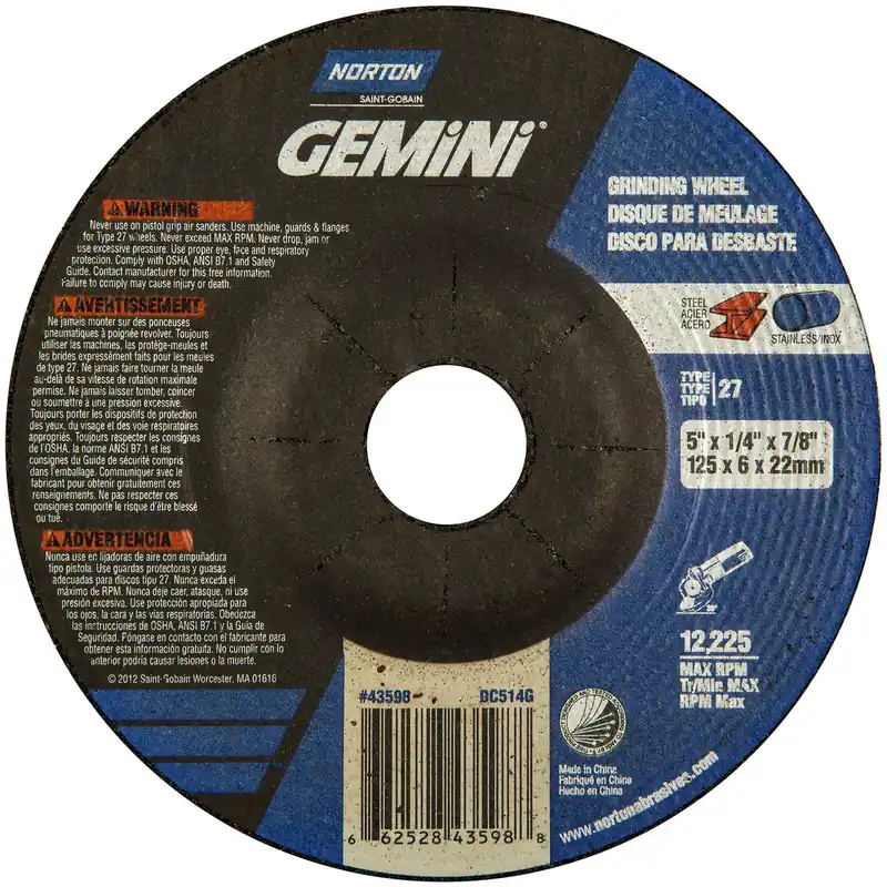 Norton 66252843598 Gemini Extra Coarse Grit Aluminum Oxide Type 27 Depressed Center Grinding Wheel 5 inches X 1/4 inches X 7/8 inches