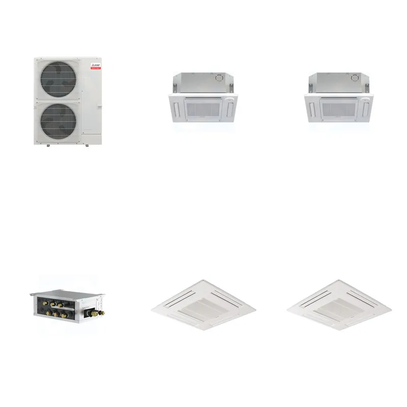 Mitsubishi Multi-Zone 48000 BTU R-454B 20 SEER2 2-Zone 2'x2' Ceiling Cassette Mini Split Heat Pump System - 12K+12K
