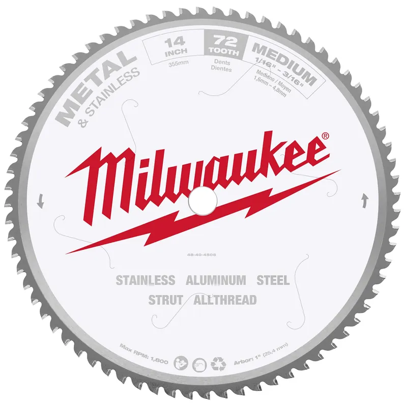 Milwaukee 48-40-4505 72T Dry Cut Carbide Tipped Circular Saw Blade, 14 in Dia