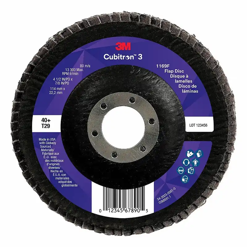 Cubitron 7100380484 3 Flap Disc 1169F, 40+, T29-Conical, 4-1/2 in x 7/8 in, 10 ea/Case
