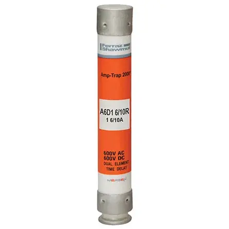 Mersen A6D1-6/10R Fuse, Time Delay, 1-6/10A, A6D-R Series, 600V AC, 600V DC, 5 inches L x 13/16 inches dia