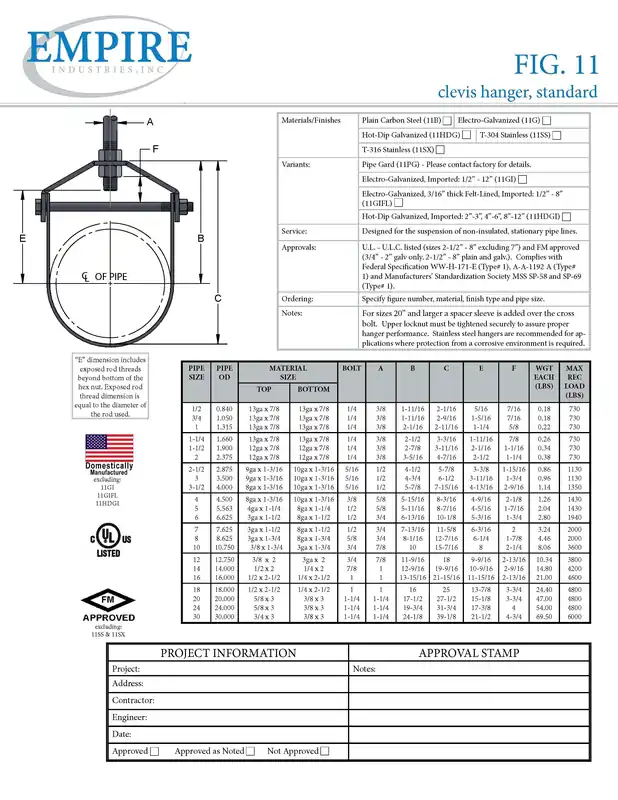 Empire Industries 11SS1600 Adjustable Standard Clevis Hanger 16 in Pipe, 1 in Rod, 4600 lb Load