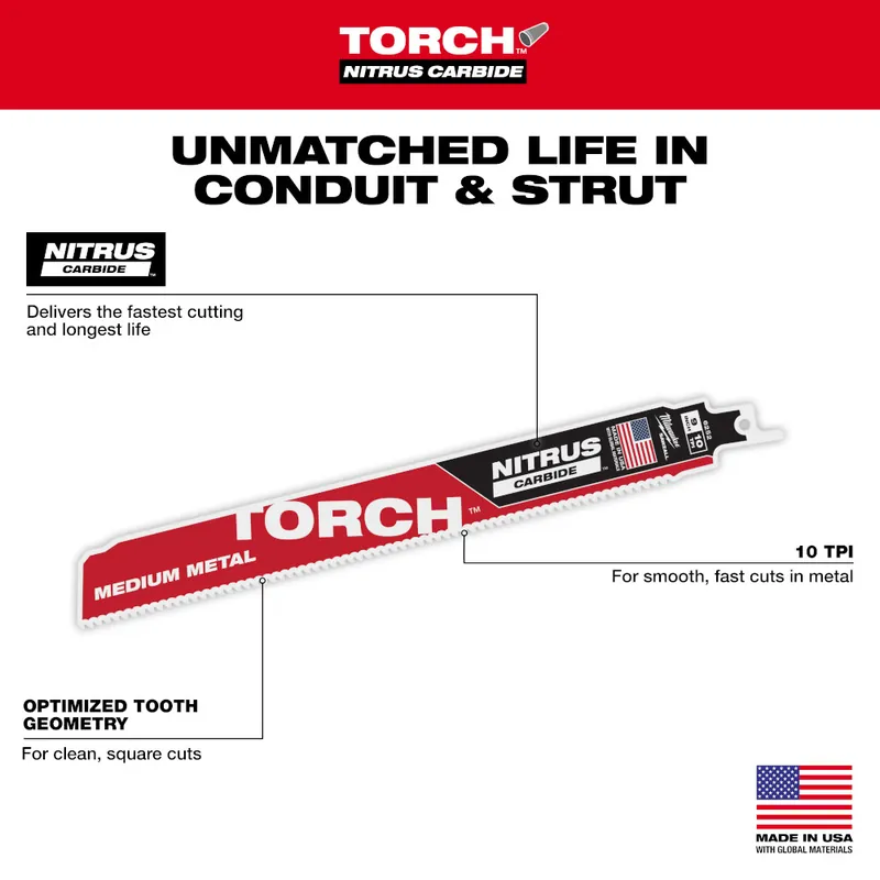 Milwaukee 48-00-6552 9 inches 10 TPI TORCH with Nitrus Carbide Teeth SAWZALL Blade (5 PK)