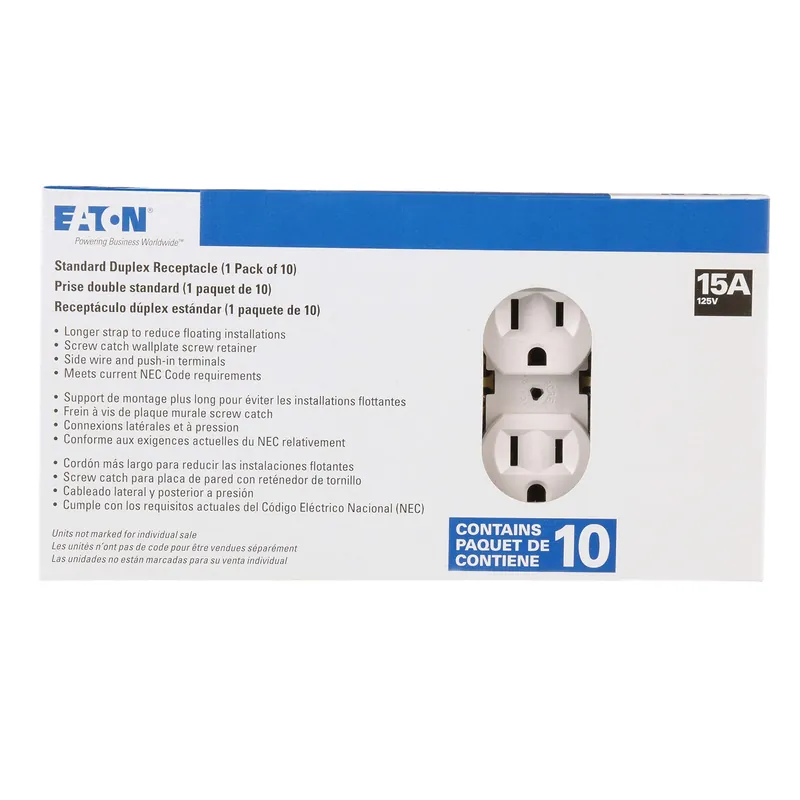 Eaton 270W Duplex Straight Blade Receptacle 125 VAC, 15 A, 2 Poles, 3 Wires