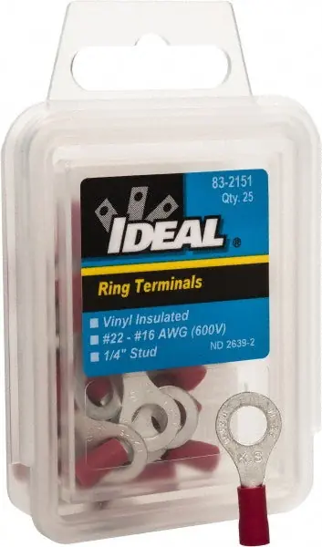 Ideal Industries 83-2151 Vinyl Insulated Ring Terminal 22-18 Awg, 1/4 inches 25/Pk