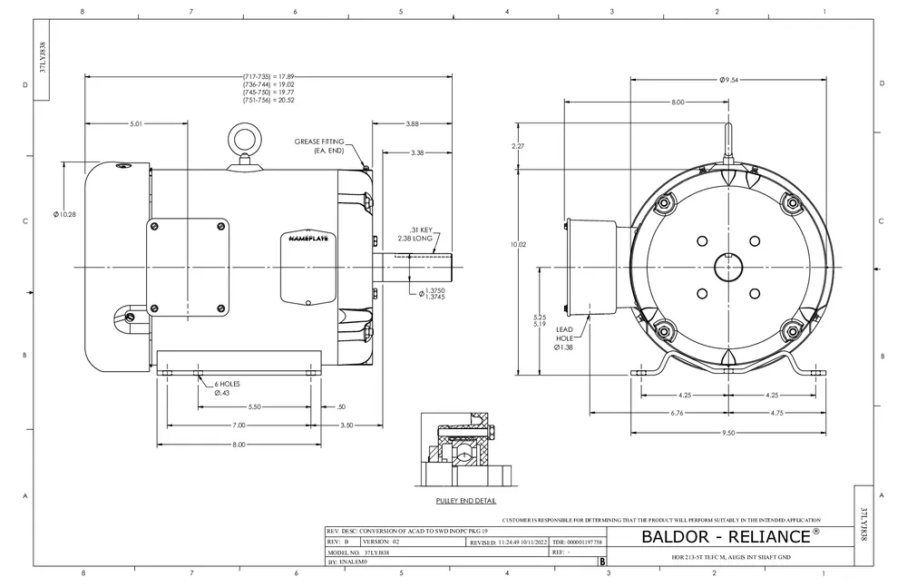 Baldor Motor EM3709T-G HVAC Motor 7.5HP 3520RPM 213T