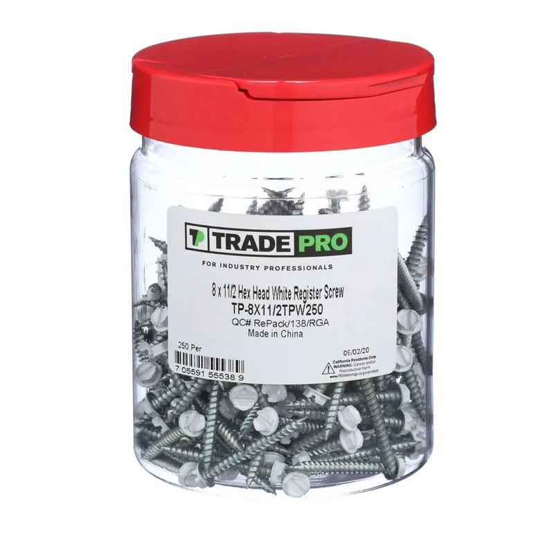 Tradepro TP-8X11/2TPW250 #8 x 1-1/2 inches Hex Washer Head Slotted White Register Screw (1/4 Hex Head)