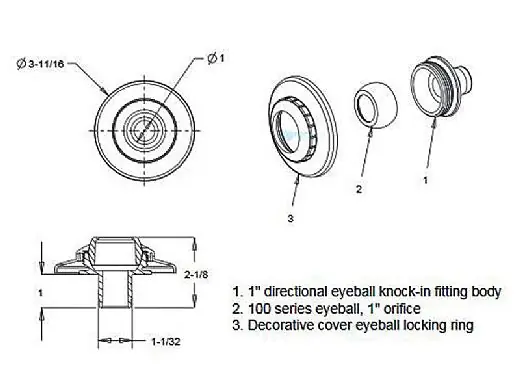 Aquastar Pool Products 5103 Directional Eyeball Fitting 3 Pc 1In Knock-In With Flange/1In Orifice