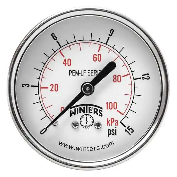 Winters Instruments pem1436lf Lead-free Pressure Gauge 0 to 15 Psi 2.5 Inches Dial 1/4 Inches Npt Center Back