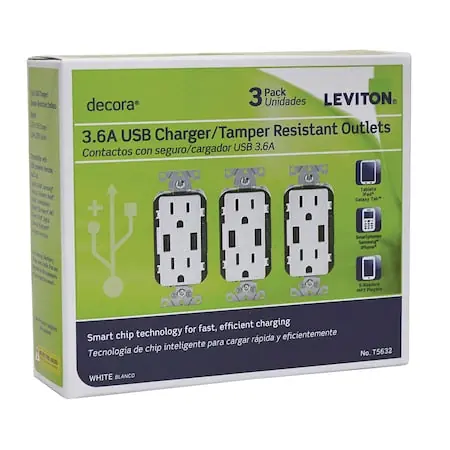Leviton T5632-3BW Decora USB Outlet 15A 3-Pack