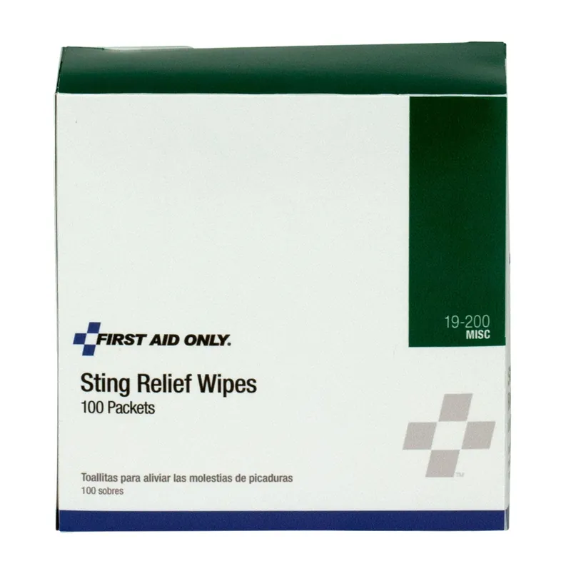 First Aid Only 19-200 Sting Relief Wipes 100 Per Box