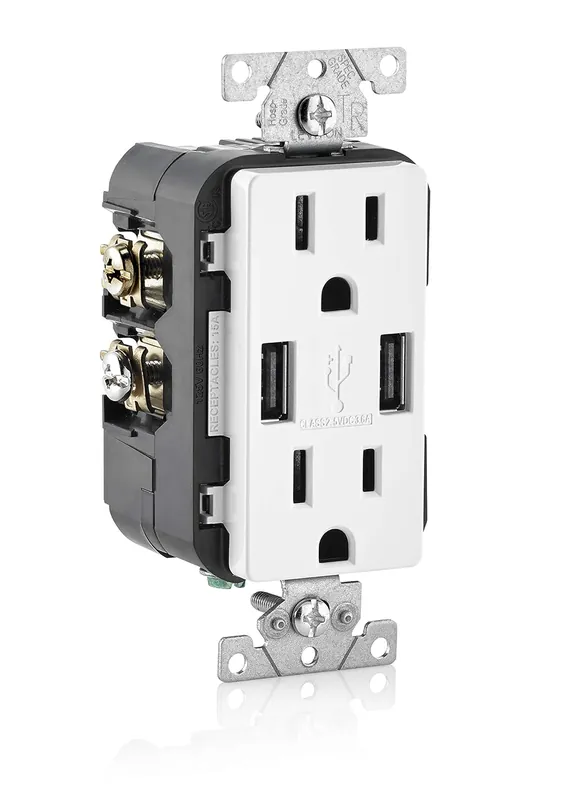 Leviton T5632-BW 2-Port Combination Duplex Receptacle with USB Charger 125 Vac, 15 A, 2 Pole, 3 Wire