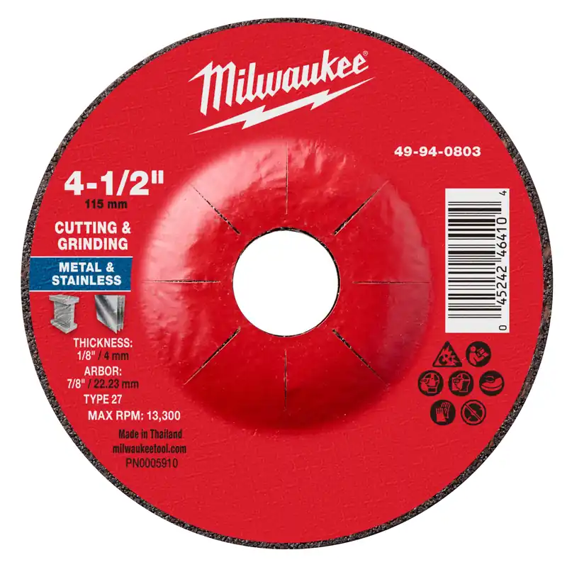 Milwaukee 49-94-0803 4-1/2 inches x 1/8 inches x 7/8 inches Dual Metal Cut & Grind Wheel - Type 27